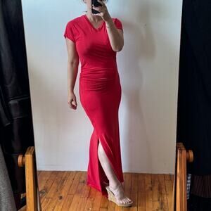 LNA Red Jersey Knit V-Neck T-Shirt Maxi Dress